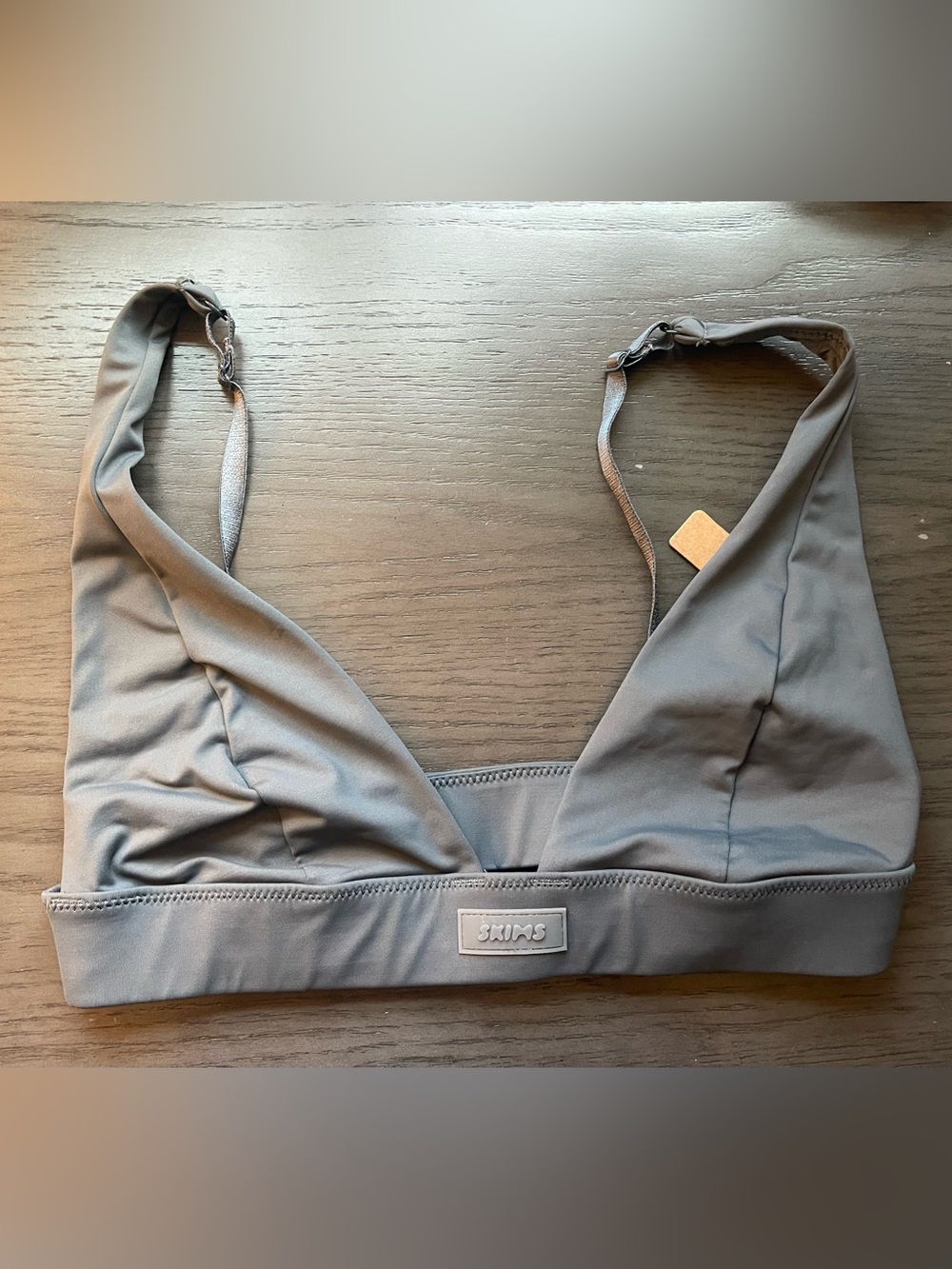 SKIMS Signature SwimPlunge Bikini Top in the color Gunmetal.